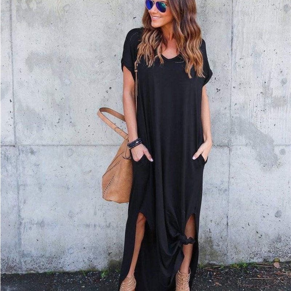 Black maxi vneck shirt casual boho dress